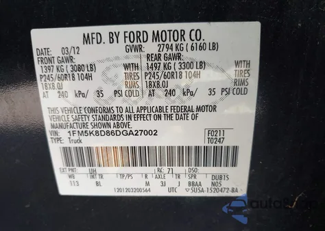 2013 Ford Explorer Xlt from USA, damaged, VIN 1FM5K8D86DGA27002